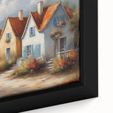 Close-up of extra-large black wall art featuring colorful, textured houses on a framed canvas, ideal for living room decor.