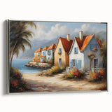 Landscape art painting featuring a row of colorful, stylized houses on a framed canvas, ideal for brightening a living room.