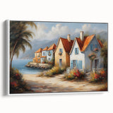 Vintage poster art of colorful, stylized houses on a large framed canvas, ideal for living room decor.