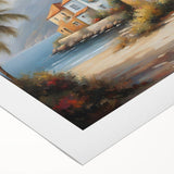 Art deco poster featuring geometric patterns in muted gold and navy, on rolled canvas, suitable for dining room walls.