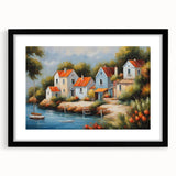 Extra large abstract art print of colorful, textured houses on a black framed canvas, ideal for living room decor.