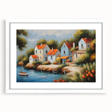 Abstract art print featuring geometric shapes in muted gray and blue, framed in white, suitable for dining room decor.