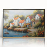 Acrylic print of mid-century modernist houses in gold and white tones, ideal for modern art wall decor.