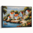 Black and white framed canvas featuring a vintage poster art style landscape with houses, ideal for bedroom wall decor.