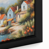 Extra large framed canvas featuring black wall art with colorful, textured abstract houses, ideal for living room decor.