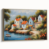 Framed canvas depicting a vintage poster art landscape with muted earth tones, ideal for bedroom wall decor.