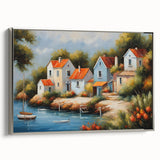 Framed canvas featuring a landscape art painting of colorful houses in a vintage poster style.