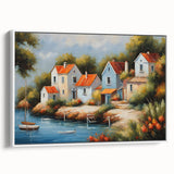 Vintage poster art of colorful houses arranged in a playful pattern on extra large white-framed canvas.