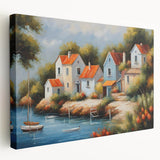 Black and white photo of architectural houses on large stretched canvas, suitable for kitchen wall art.