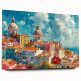 Large abstract wall art on acrylic glass featuring a blend of warm and cool tones, ideal for bedroom or dining room decor.