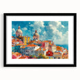 Extra large abstract art print featuring a colorful, textured design of stylized houses, in a black frame with mat.