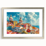 Textured abstract art print of architectural houses in muted tones on a silver-framed mat, suitable for bedroom decor.