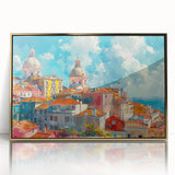 Mid-century modernist art featuring abstract architecture in gold and white tones on a framed acrylic print.