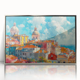 Mid-century modernist architecture print on acrylic, featuring large art prints of houses in muted colors.