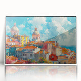 Art deco poster featuring a series of stylized houses in muted cream and white tones, acrylic print framed in white.