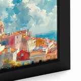 Extra large framed canvas featuring a close-up of black textured art with colorful abstract houses.