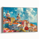 Framed canvas of colorful landscape art paintings featuring vintage-style houses in black outlines.
