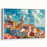 Vintage poster art of colorful, stylized houses on a large framed canvas, ideal for living room decor.
