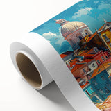 Art deco poster featuring symmetrical house designs in muted pastels on rolled canvas, ideal for nursery wall art.