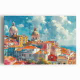 Modern architecture print on stretched canvas featuring a row of stylized houses in muted earth tones.