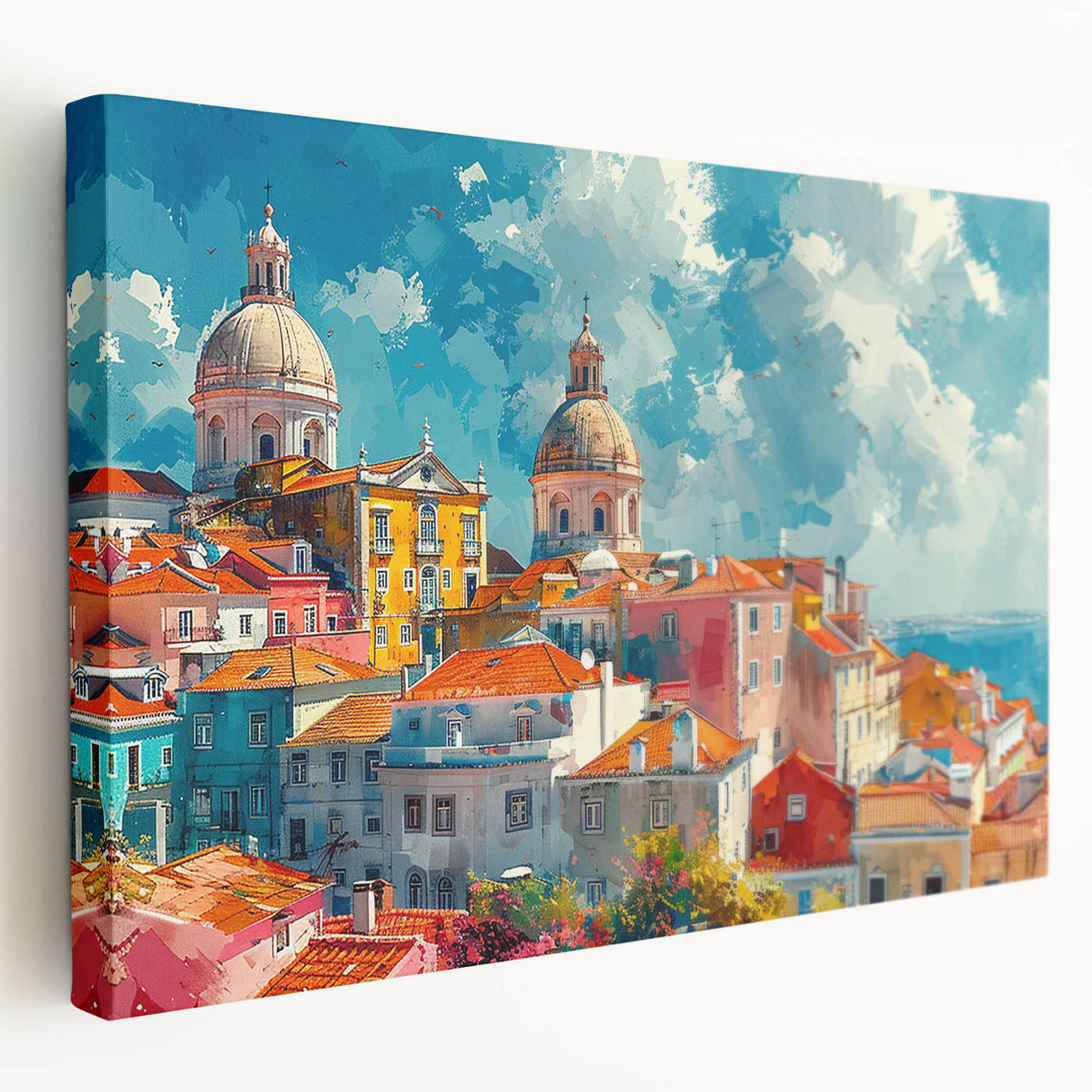 Black and white photo of detailed architectural houses on large stretched canvas.