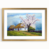 Extra large abstract art print featuring textured design of architectural houses in gold frame, ideal for living room decor.