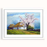 Abstract art print featuring geometric shapes in muted gray and blue tones on a white framed canvas.