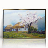 Mid-century modernist houses in muted earth tones on a large framed acrylic print, suitable for modern nursery decor.