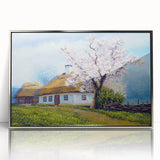 Mid-century modernist art depicting a series of stylized houses in silver acrylic, framed, ideal for modern art wall decor.