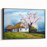 Black and white framed canvas featuring a vintage poster art style landscape with houses, ideal for bedroom wall decor.