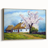 Framed canvas depicting a vintage landscape painting with black and gold tones, ideal for bedroom wall decor.