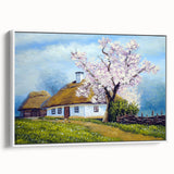 Vintage poster art of colorful, stylized houses on a framed canvas, ideal for extra large living room decor.