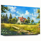 Large abstract wall art on acrylic glass featuring geometric shapes in muted gray and blue tones.