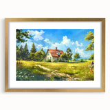 Extra large abstract art print featuring a textured design of swirling grays and blues, framed in gold.