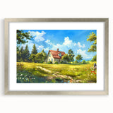 Textured abstract art print in silver frame, featuring a blend of gray and blue tones, ideal for modern bedroom decor.