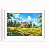 Abstract art print featuring geometric shapes in muted gray and blue tones on a white framed canvas.