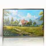 Mid-century modernist architecture depicted in muted earth tones on a framed acrylic print, suited for modern art wall decor.