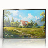 Mid-century modernist art featuring geometric houses in muted earth tones on a silver-framed acrylic print.