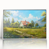 Art deco poster featuring geometric houses in muted beige and white tones on acrylic, ideal for nursery wall art.