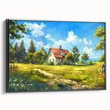 Black and white wall art featuring a landscape of vintage-style houses on a framed canvas, ideal for bedroom decor.