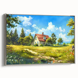 Framed canvas landscape art painting featuring a vintage poster design of colorful houses against a black background.