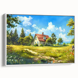 Extra large framed canvas featuring vintage poster art of colorful, stylized houses, ideal for living room decor.