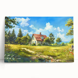 Large stretched canvas featuring a row of colorful, minimalist houses, ideal for kitchen wall art.