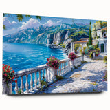 Large abstract wall art on acrylic glass, featuring fluid shapes in blue and gray tones.