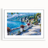 Abstract art print featuring geometric shapes in muted gray and blue tones on a white framed canvas.