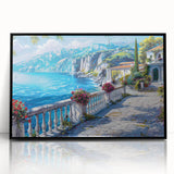 Large abstract wall art featuring geometric shapes in muted earth tones, framed in black acrylic.