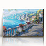 Mid-century modernist acrylic print of geometric houses in gold and white tones, ideal for nursery wall decor.