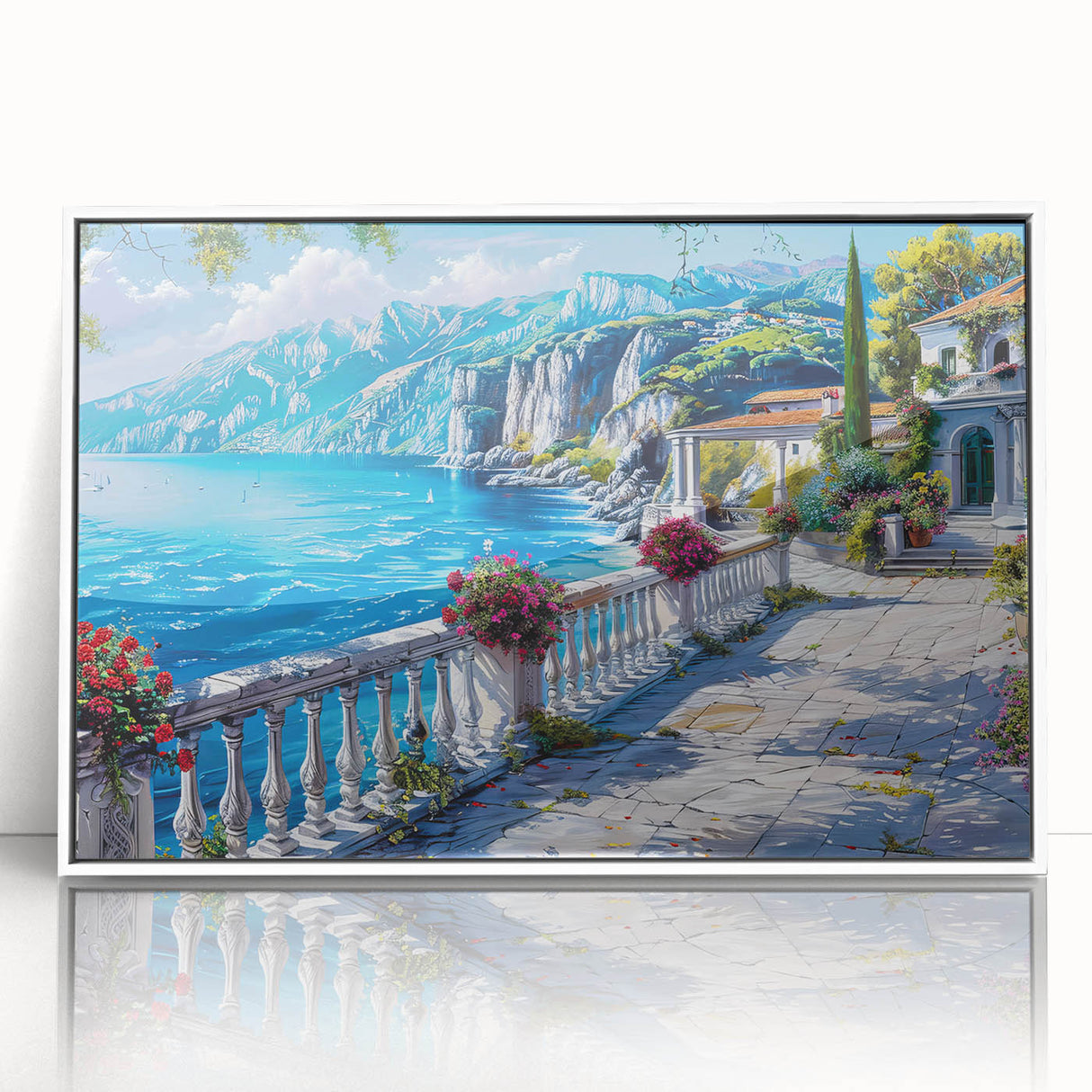Art Deco poster of geometric buildings in pastel colors on a framed acrylic, suitable for nursery wall art.