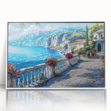 Art Deco poster of geometric buildings in pastel colors on a framed acrylic, suitable for nursery wall art.