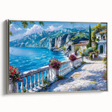 Framed canvas featuring a landscape art painting of vintage-style houses in black with colorful accents.